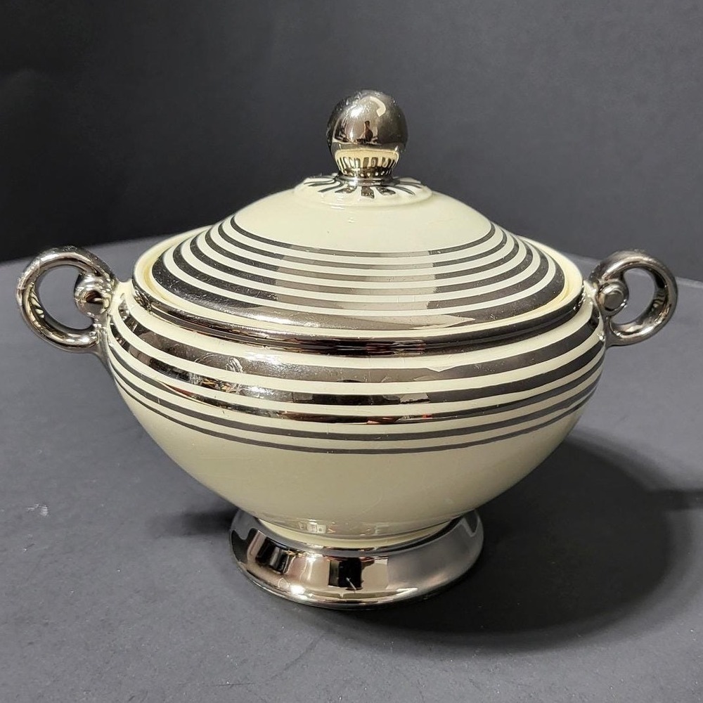 VTG Taylor Smith Taylor Art Deco Sugar Bowl Silver Platinum Stripes Cream‎ 1935